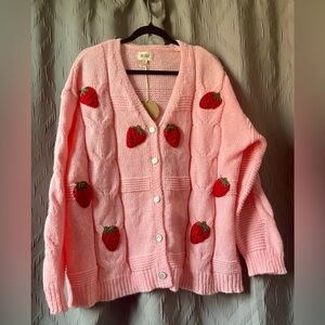 BiBi Pink Cardigan with Strawberry Accents, Sz XL